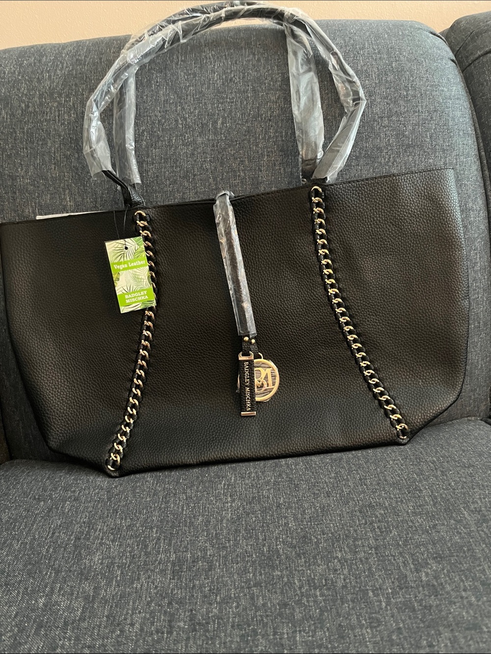 NWT Badgley Mishka Large Black Vegan Leather Tote With Gold Accents